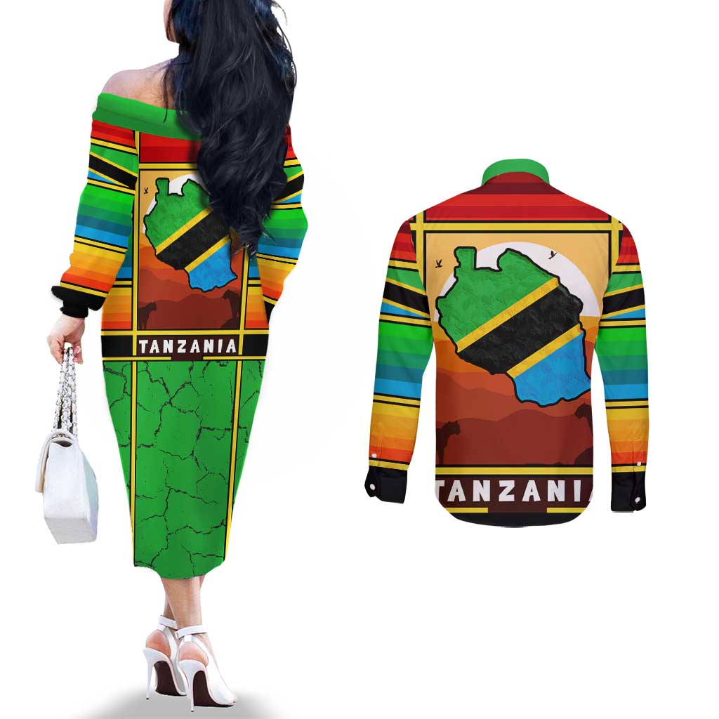 African Sunset Design Couples Matching Off The Shoulder Long Sleeve Dress and Long Sleeve Button Shirt with Flag Map Mount Kilimanjaro and Wildlife Scene