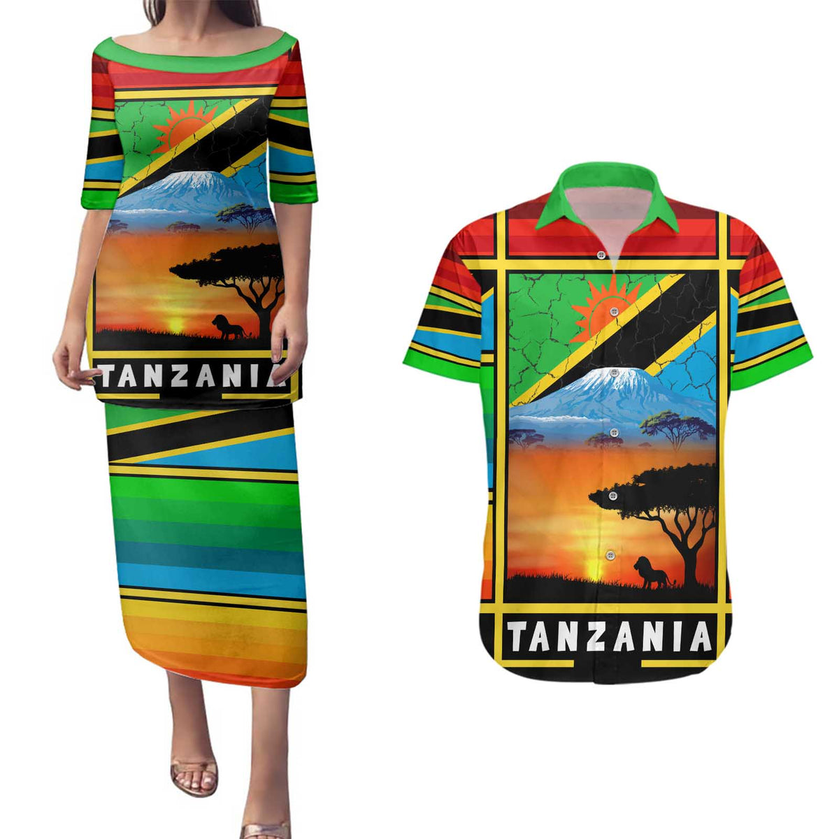 African Sunset Design Couples Matching Puletasi and Hawaiian Shirt with Flag Map Mount Kilimanjaro and Wildlife Scene
