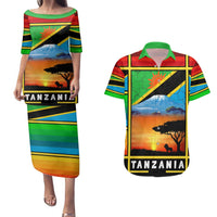 African Sunset Design Couples Matching Puletasi and Hawaiian Shirt with Flag Map Mount Kilimanjaro and Wildlife Scene