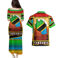 African Sunset Design Couples Matching Puletasi and Hawaiian Shirt with Flag Map Mount Kilimanjaro and Wildlife Scene
