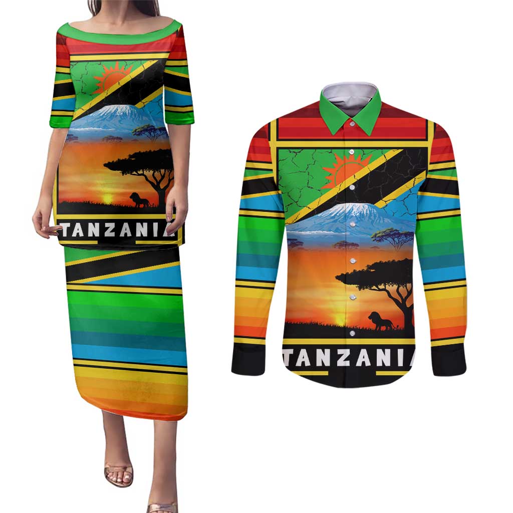 African Sunset Design Couples Matching Puletasi and Long Sleeve Button Shirt with Flag Map Mount Kilimanjaro and Wildlife Scene