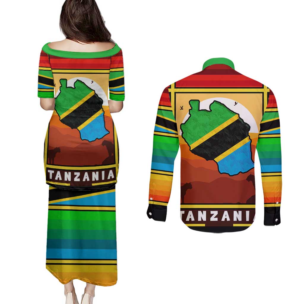 African Sunset Design Couples Matching Puletasi and Long Sleeve Button Shirt with Flag Map Mount Kilimanjaro and Wildlife Scene