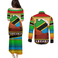 African Sunset Design Couples Matching Puletasi and Long Sleeve Button Shirt with Flag Map Mount Kilimanjaro and Wildlife Scene