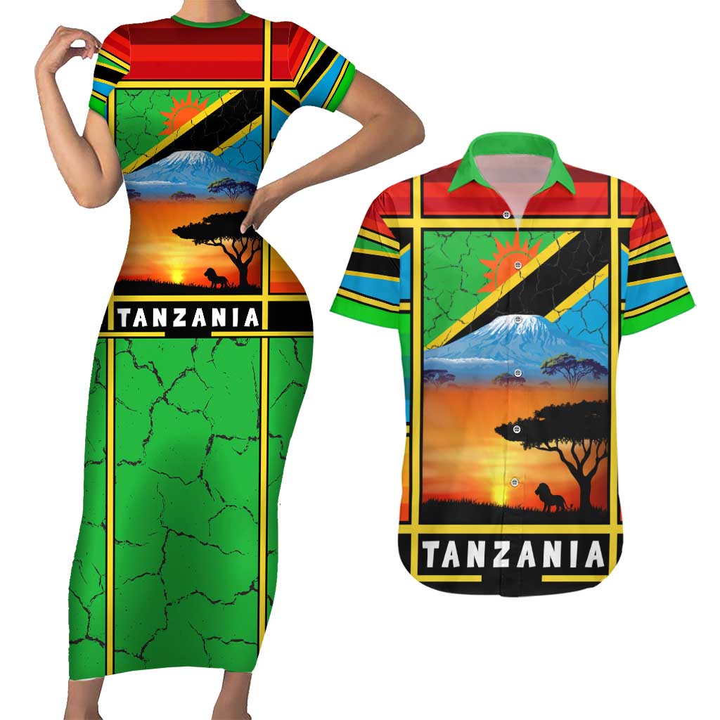 African Sunset Design Couples Matching Short Sleeve Bodycon Dress and Hawaiian Shirt with Flag Map Mount Kilimanjaro and Wildlife Scene