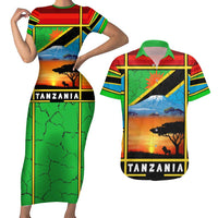 African Sunset Design Couples Matching Short Sleeve Bodycon Dress and Hawaiian Shirt with Flag Map Mount Kilimanjaro and Wildlife Scene
