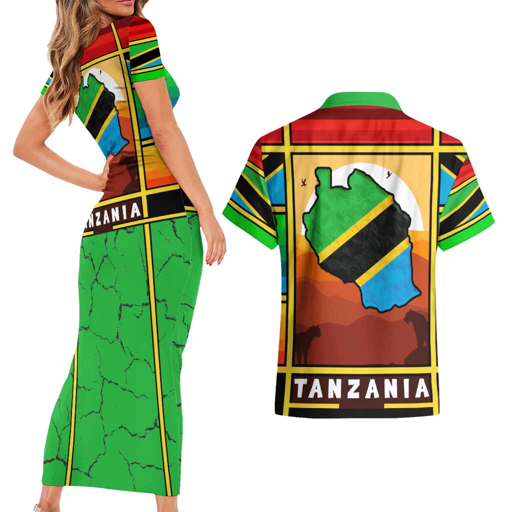 African Sunset Design Couples Matching Short Sleeve Bodycon Dress and Hawaiian Shirt with Flag Map Mount Kilimanjaro and Wildlife Scene