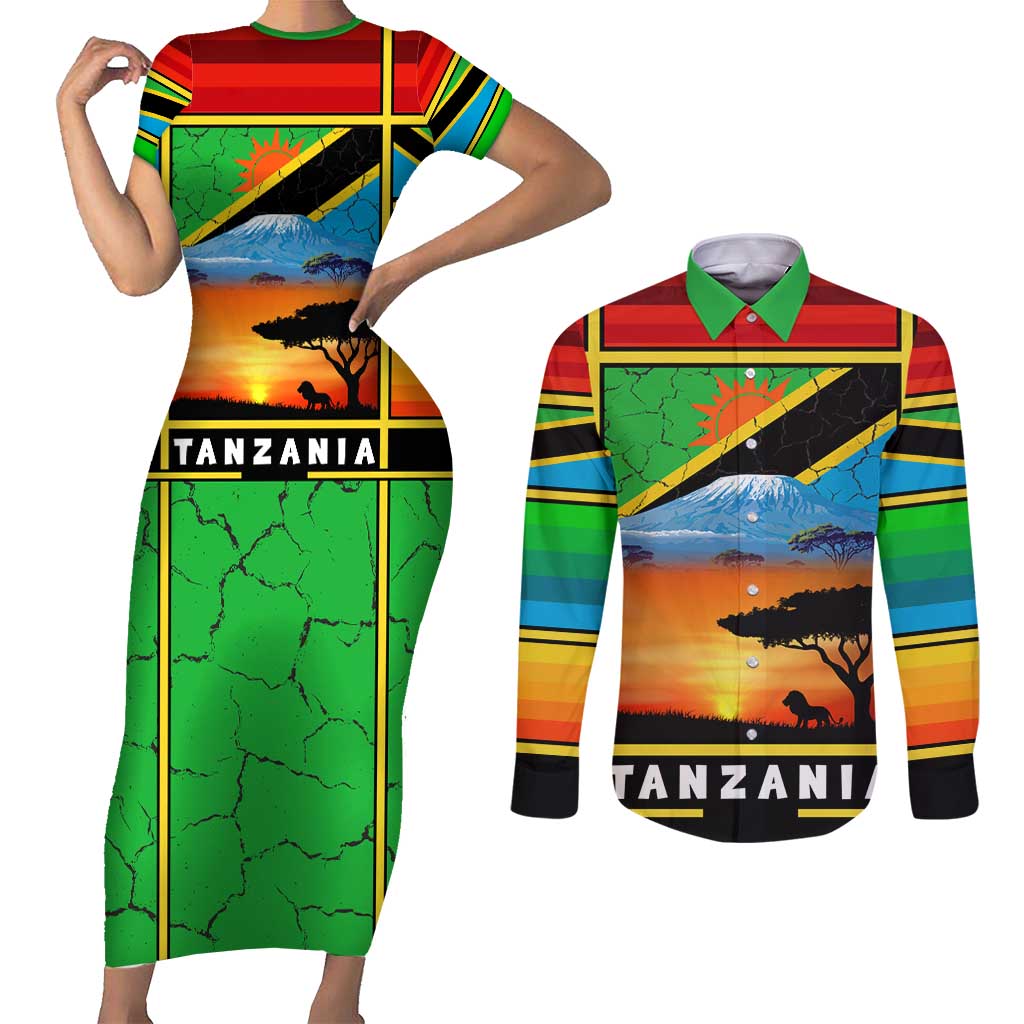 African Sunset Design Couples Matching Short Sleeve Bodycon Dress and Long Sleeve Button Shirt with Flag Map Mount Kilimanjaro and Wildlife Scene