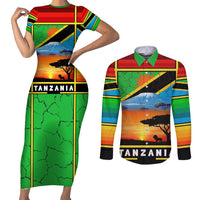 African Sunset Design Couples Matching Short Sleeve Bodycon Dress and Long Sleeve Button Shirt with Flag Map Mount Kilimanjaro and Wildlife Scene