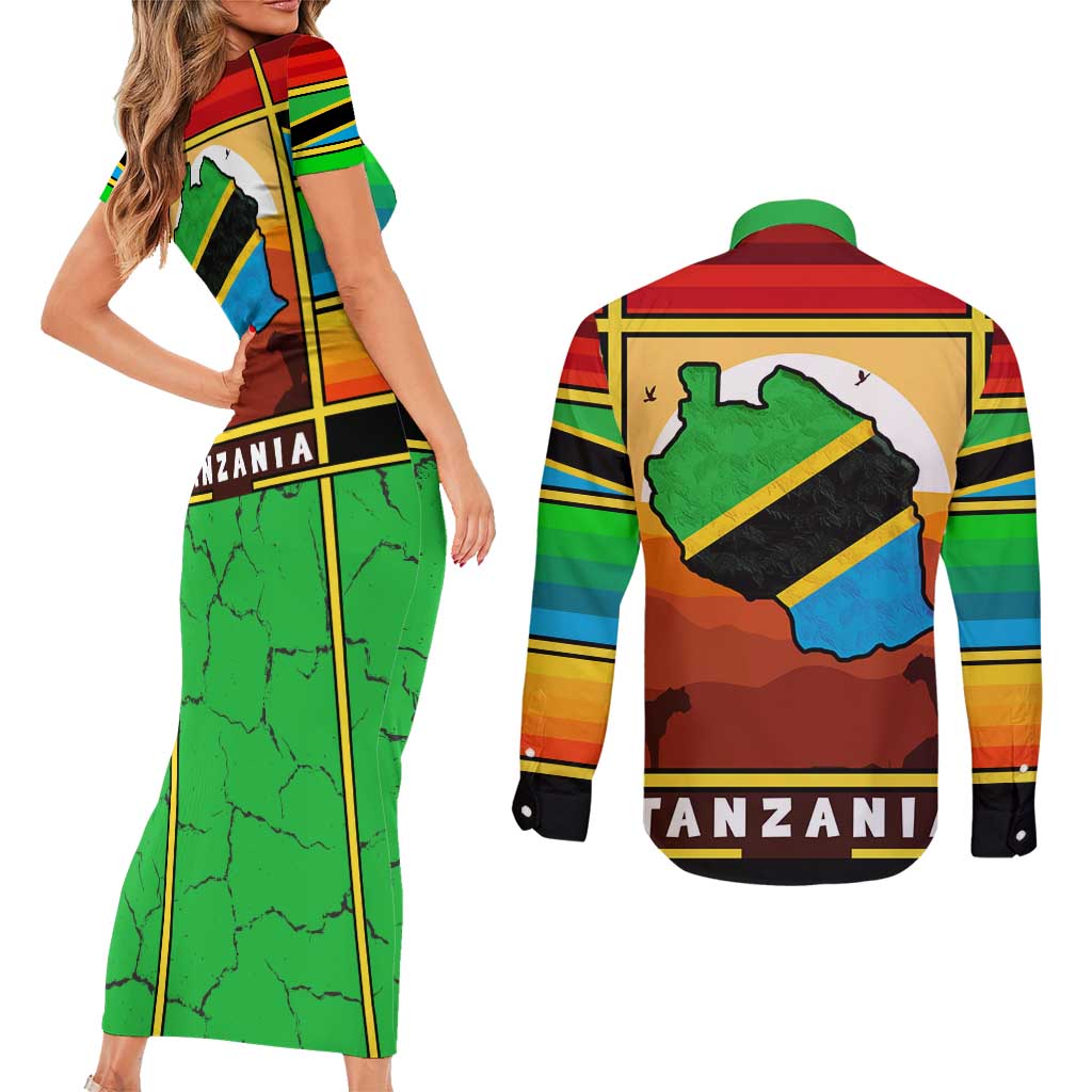 African Sunset Design Couples Matching Short Sleeve Bodycon Dress and Long Sleeve Button Shirt with Flag Map Mount Kilimanjaro and Wildlife Scene