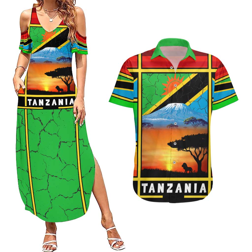 African Sunset Design Couples Matching Summer Maxi Dress and Hawaiian Shirt with Flag Map Mount Kilimanjaro and Wildlife Scene
