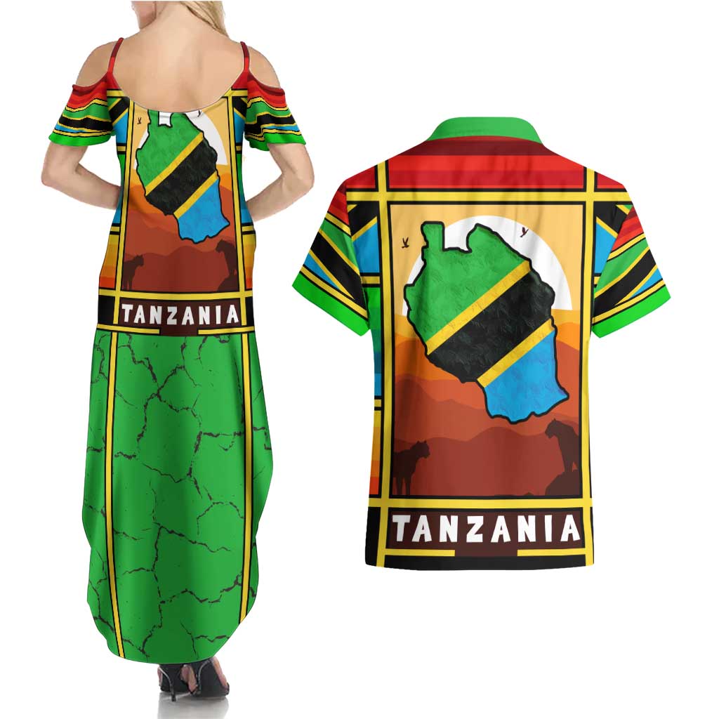 African Sunset Design Couples Matching Summer Maxi Dress and Hawaiian Shirt with Flag Map Mount Kilimanjaro and Wildlife Scene