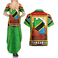 African Sunset Design Couples Matching Summer Maxi Dress and Hawaiian Shirt with Flag Map Mount Kilimanjaro and Wildlife Scene