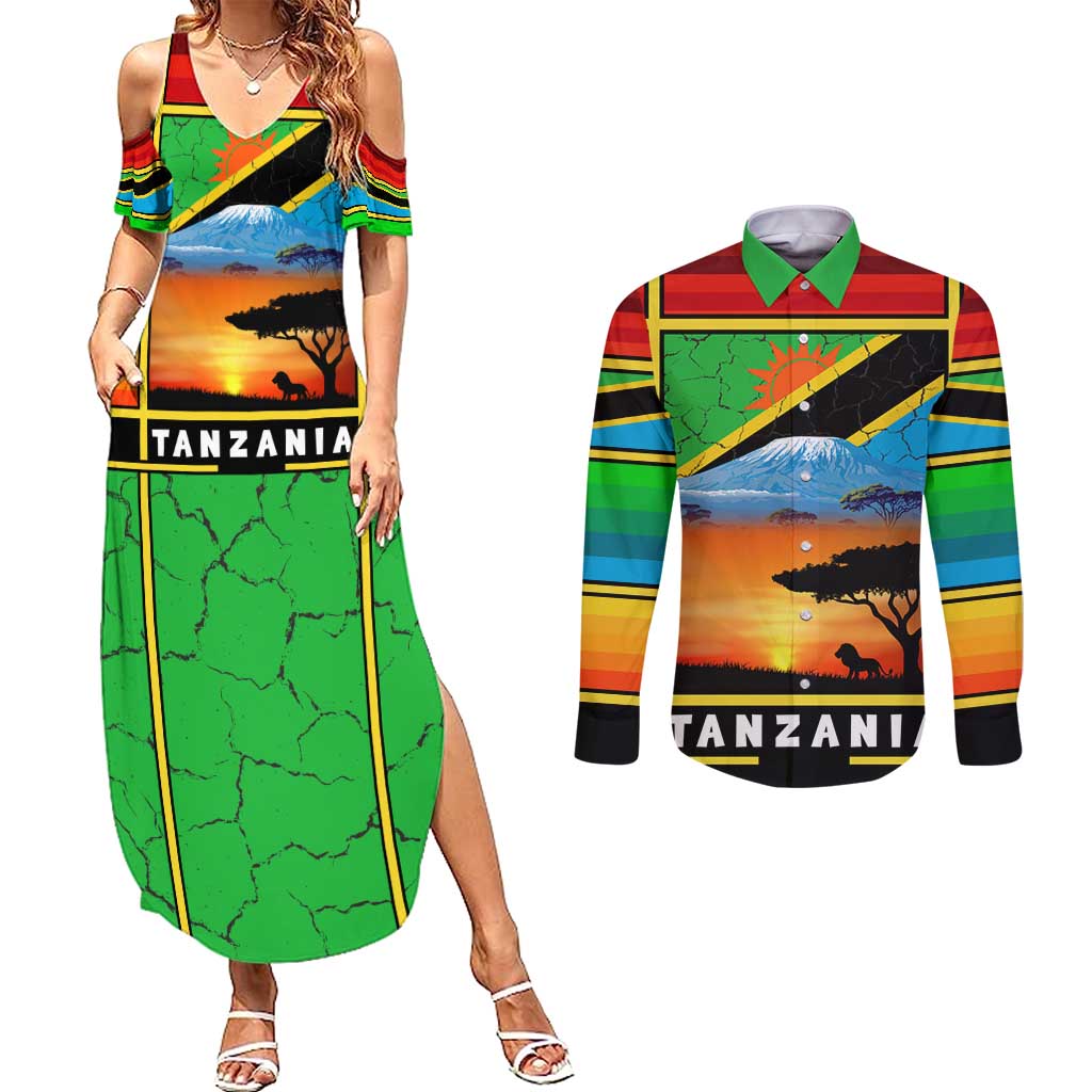African Sunset Design Couples Matching Summer Maxi Dress and Long Sleeve Button Shirt with Flag Map Mount Kilimanjaro and Wildlife Scene