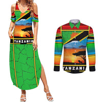 African Sunset Design Couples Matching Summer Maxi Dress and Long Sleeve Button Shirt with Flag Map Mount Kilimanjaro and Wildlife Scene