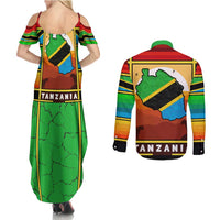 African Sunset Design Couples Matching Summer Maxi Dress and Long Sleeve Button Shirt with Flag Map Mount Kilimanjaro and Wildlife Scene