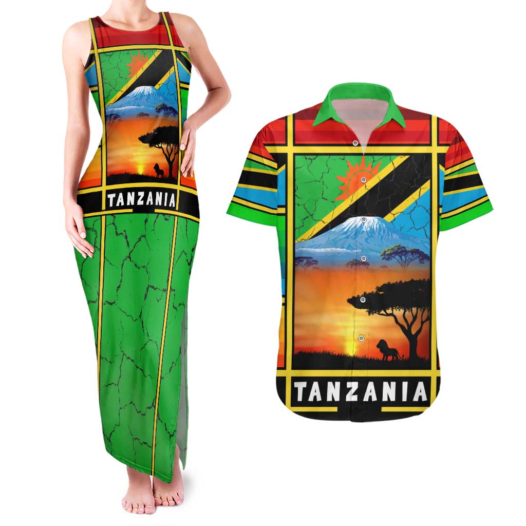 African Sunset Design Couples Matching Tank Maxi Dress and Hawaiian Shirt with Flag Map Mount Kilimanjaro and Wildlife Scene