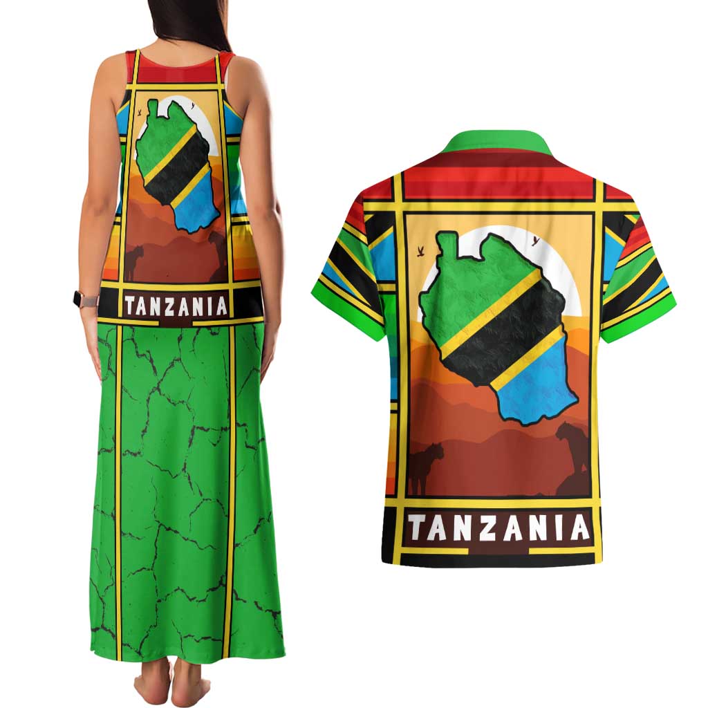 African Sunset Design Couples Matching Tank Maxi Dress and Hawaiian Shirt with Flag Map Mount Kilimanjaro and Wildlife Scene