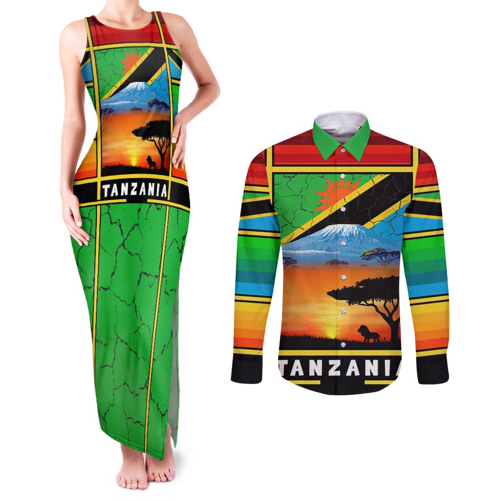 African Sunset Design Couples Matching Tank Maxi Dress and Long Sleeve Button Shirt with Flag Map Mount Kilimanjaro and Wildlife Scene