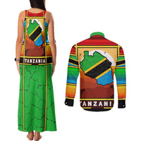 African Sunset Design Couples Matching Tank Maxi Dress and Long Sleeve Button Shirt with Flag Map Mount Kilimanjaro and Wildlife Scene