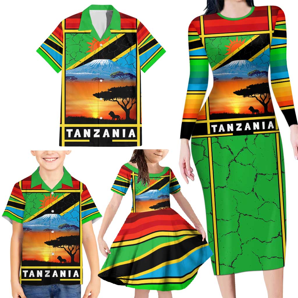 African Sunset Design Family Matching Long Sleeve Bodycon Dress and Hawaiian Shirt with Flag Map Mount Kilimanjaro and Wildlife Scene