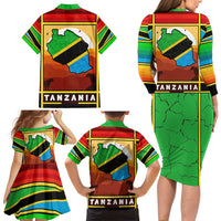 African Sunset Design Family Matching Long Sleeve Bodycon Dress and Hawaiian Shirt with Flag Map Mount Kilimanjaro and Wildlife Scene