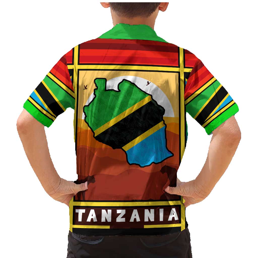 African Sunset Design Family Matching Mermaid Dress and Hawaiian Shirt with Flag Map Mount Kilimanjaro and Wildlife Scene