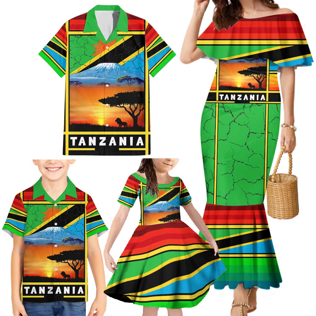 African Sunset Design Family Matching Mermaid Dress and Hawaiian Shirt with Flag Map Mount Kilimanjaro and Wildlife Scene
