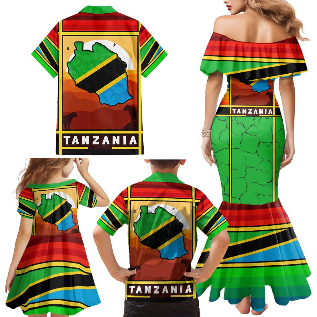 African Sunset Design Family Matching Mermaid Dress and Hawaiian Shirt with Flag Map Mount Kilimanjaro and Wildlife Scene