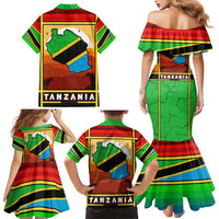 African Sunset Design Family Matching Mermaid Dress and Hawaiian Shirt with Flag Map Mount Kilimanjaro and Wildlife Scene