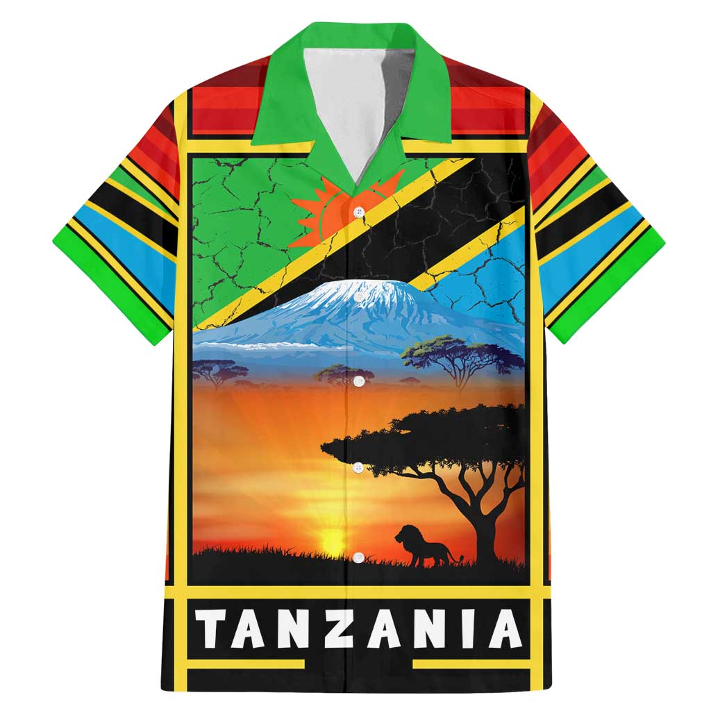 African Sunset Design Family Matching Mermaid Dress and Hawaiian Shirt with Flag Map Mount Kilimanjaro and Wildlife Scene