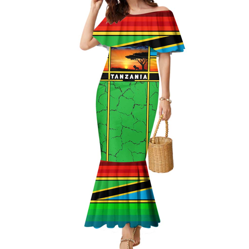 African Sunset Design Family Matching Mermaid Dress and Hawaiian Shirt with Flag Map Mount Kilimanjaro and Wildlife Scene