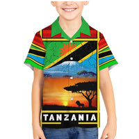 African Sunset Design Family Matching Mermaid Dress and Hawaiian Shirt with Flag Map Mount Kilimanjaro and Wildlife Scene