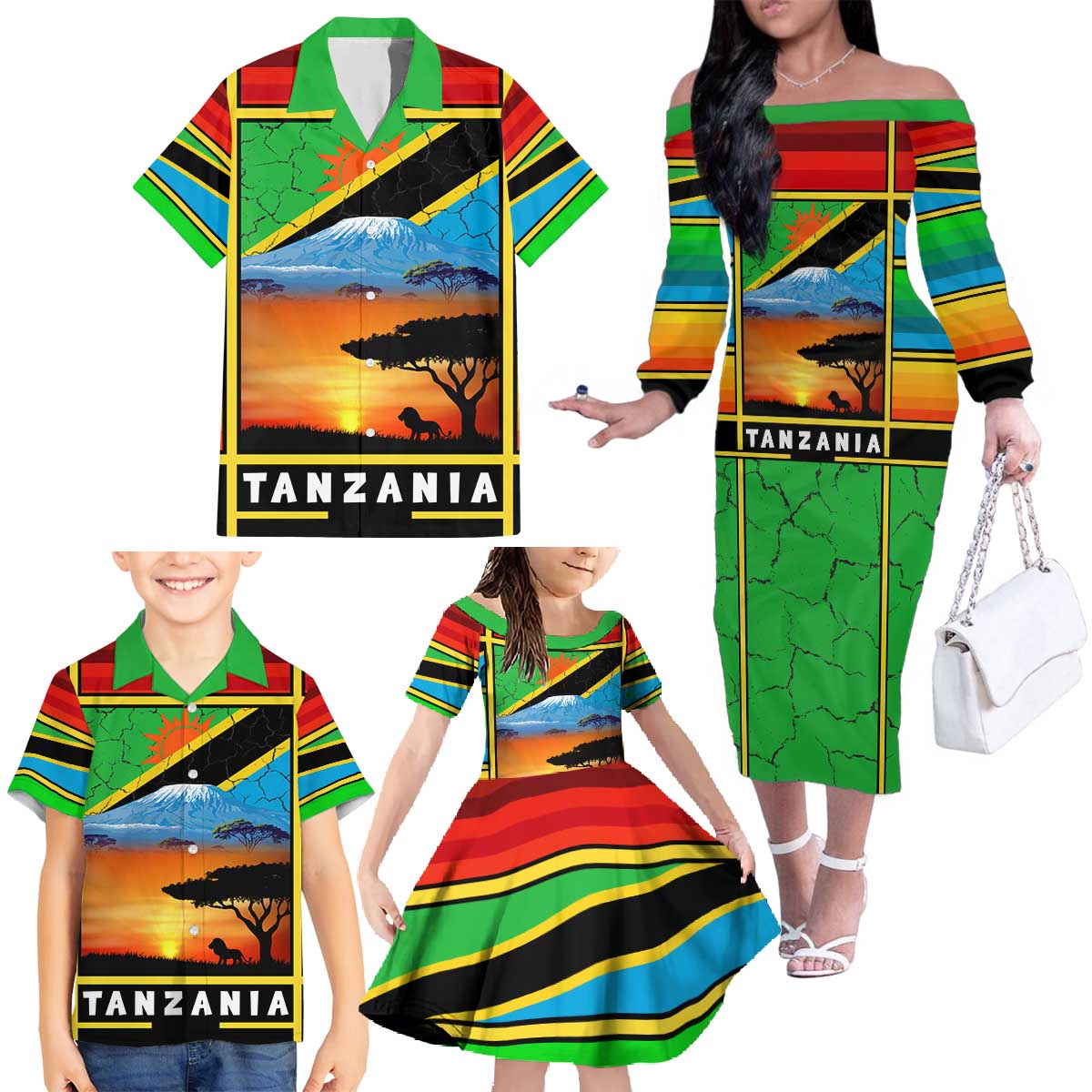 African Sunset Design Family Matching Off The Shoulder Long Sleeve Dress and Hawaiian Shirt with Flag Map Mount Kilimanjaro and Wildlife Scene