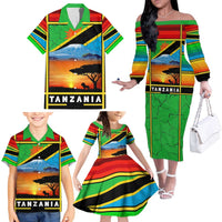 African Sunset Design Family Matching Off The Shoulder Long Sleeve Dress and Hawaiian Shirt with Flag Map Mount Kilimanjaro and Wildlife Scene