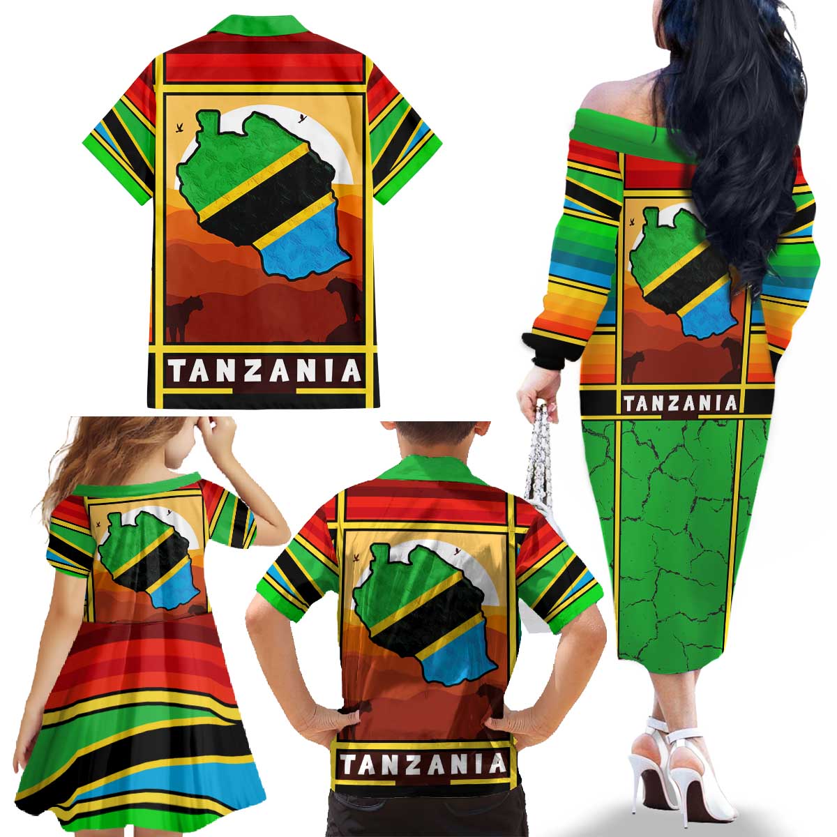 African Sunset Design Family Matching Off The Shoulder Long Sleeve Dress and Hawaiian Shirt with Flag Map Mount Kilimanjaro and Wildlife Scene
