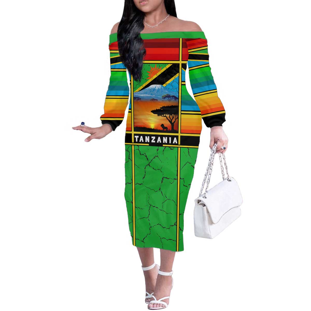 African Sunset Design Family Matching Off The Shoulder Long Sleeve Dress and Hawaiian Shirt with Flag Map Mount Kilimanjaro and Wildlife Scene