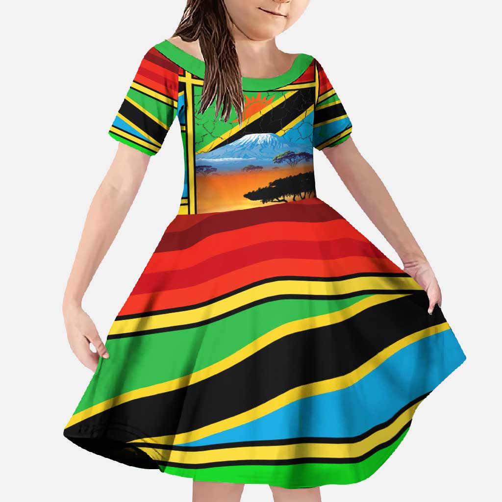 African Sunset Design Family Matching Off Shoulder Maxi Dress and Hawaiian Shirt with Flag Map Mount Kilimanjaro and Wildlife Scene