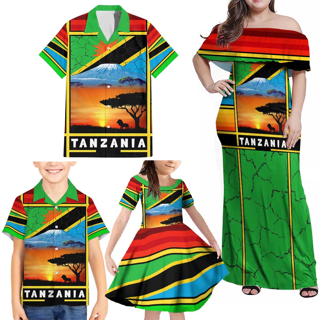 African Sunset Design Family Matching Off Shoulder Maxi Dress and Hawaiian Shirt with Flag Map Mount Kilimanjaro and Wildlife Scene