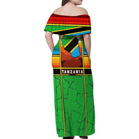 African Sunset Design Family Matching Off Shoulder Maxi Dress and Hawaiian Shirt with Flag Map Mount Kilimanjaro and Wildlife Scene