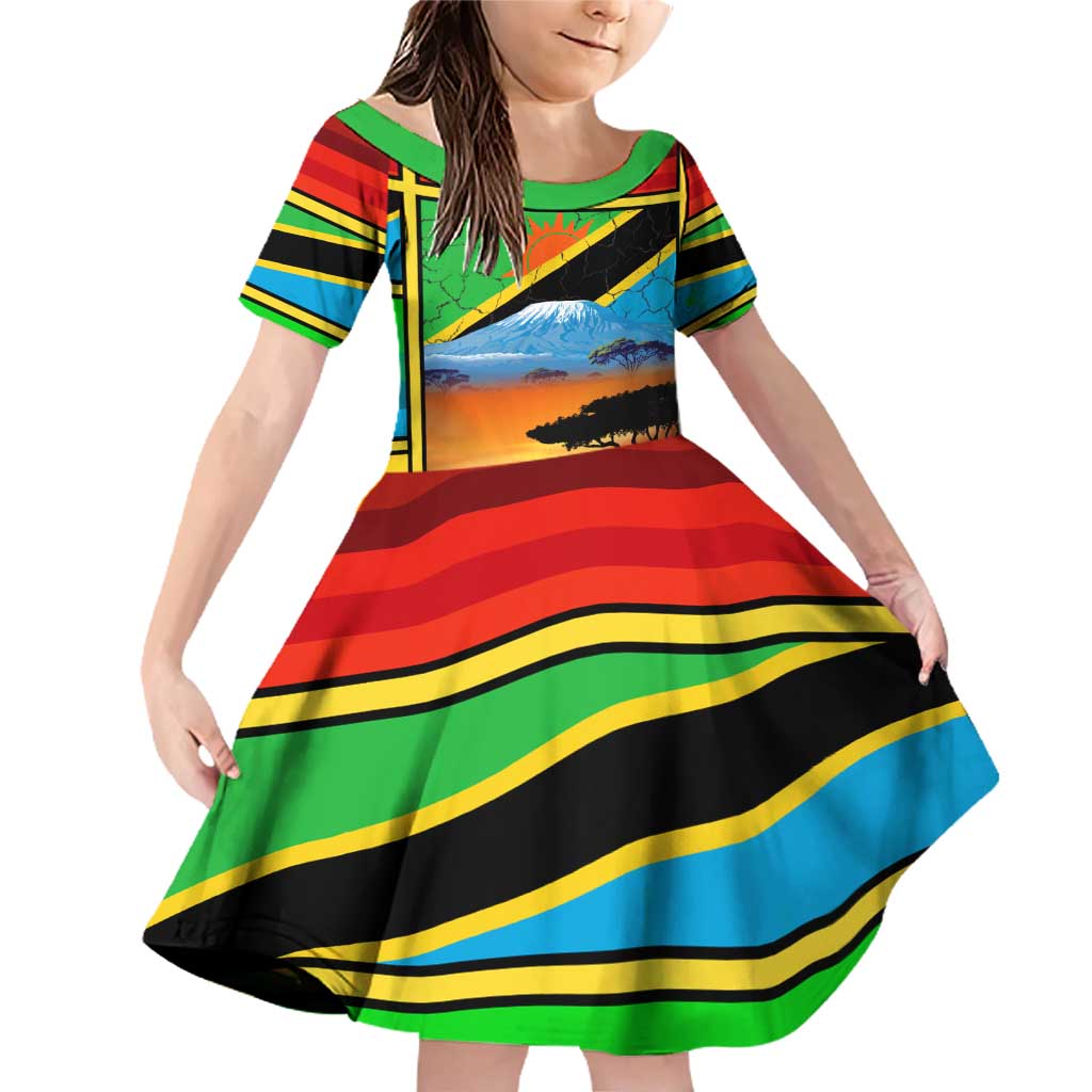 African Sunset Design Family Matching Off Shoulder Short Dress and Hawaiian Shirt with Flag Map Mount Kilimanjaro and Wildlife Scene