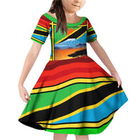 African Sunset Design Family Matching Off Shoulder Short Dress and Hawaiian Shirt with Flag Map Mount Kilimanjaro and Wildlife Scene