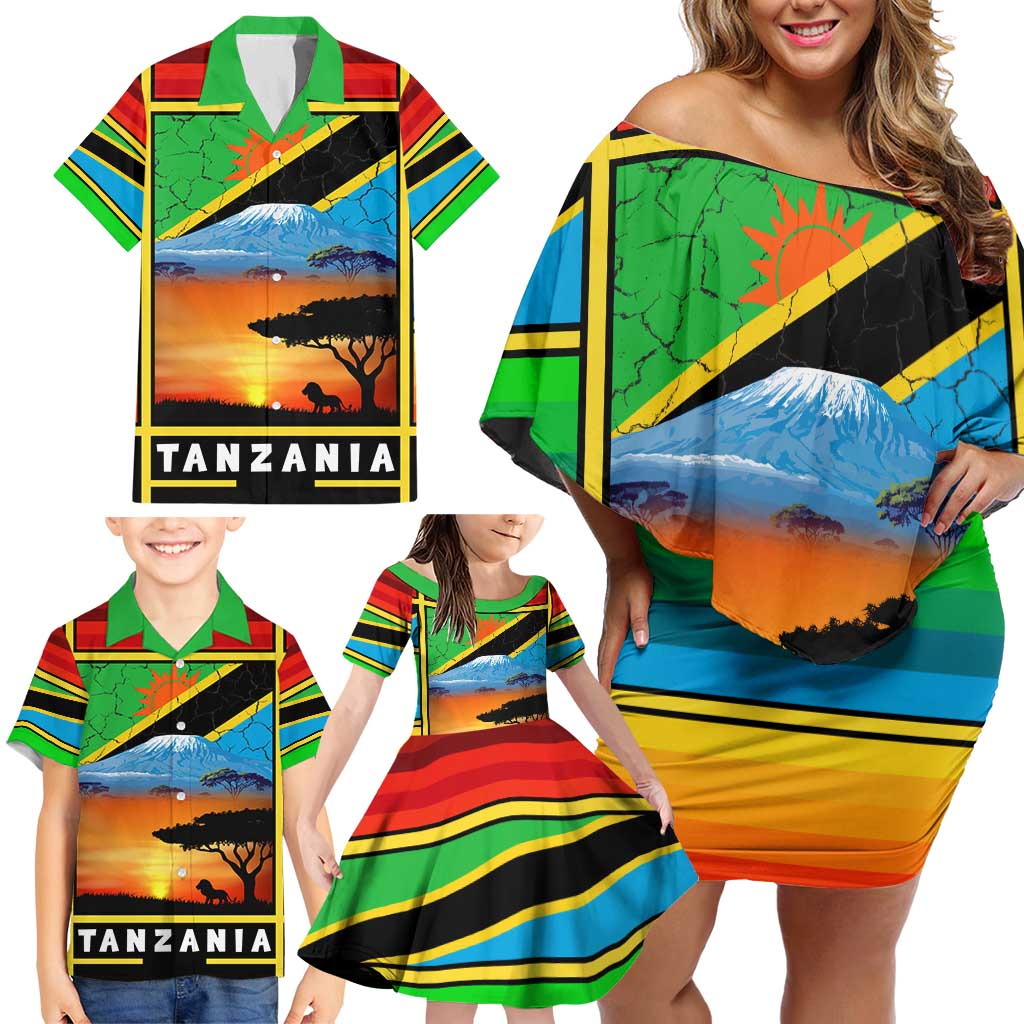 African Sunset Design Family Matching Off Shoulder Short Dress and Hawaiian Shirt with Flag Map Mount Kilimanjaro and Wildlife Scene