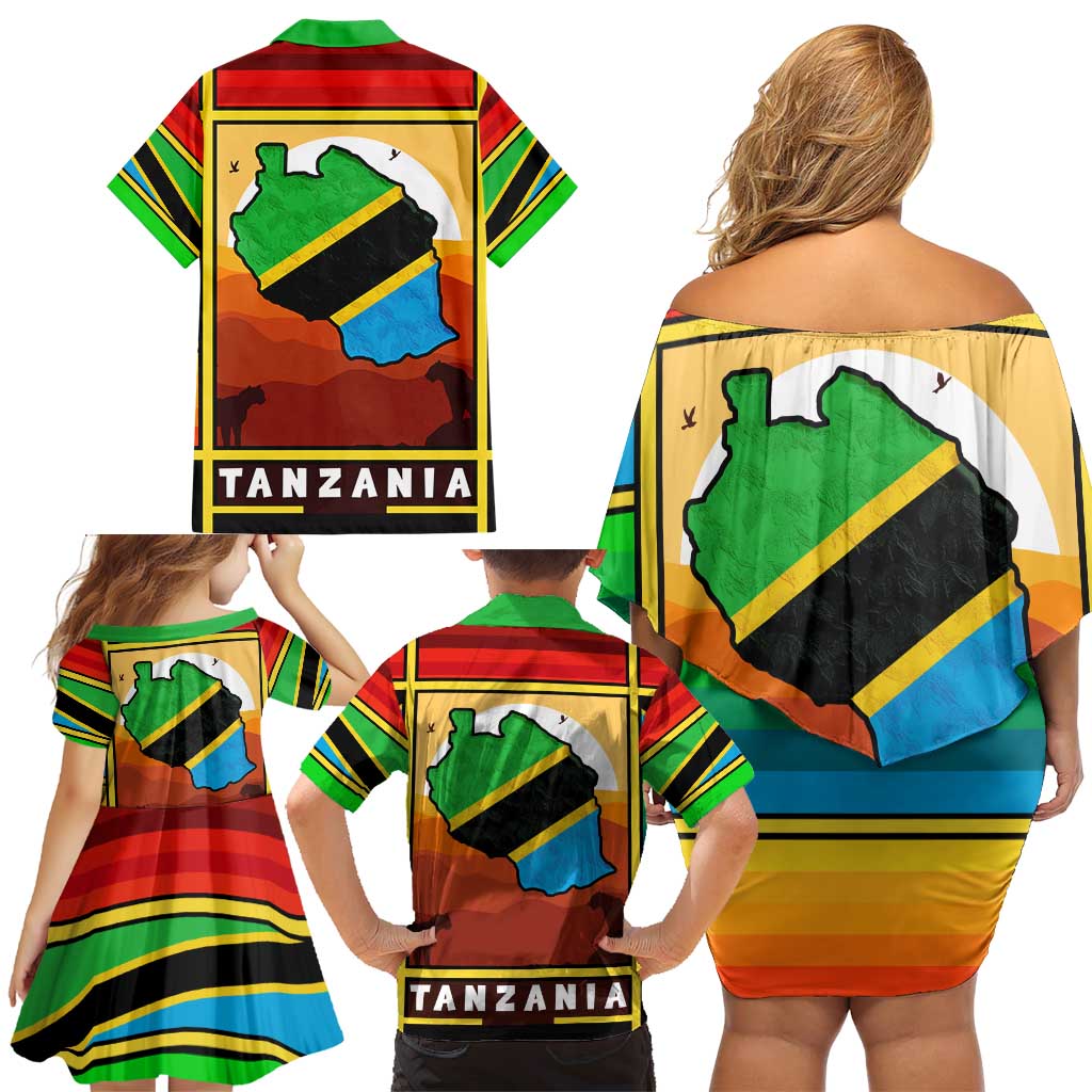 African Sunset Design Family Matching Off Shoulder Short Dress and Hawaiian Shirt with Flag Map Mount Kilimanjaro and Wildlife Scene