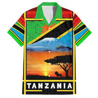 African Sunset Design Family Matching Off Shoulder Short Dress and Hawaiian Shirt with Flag Map Mount Kilimanjaro and Wildlife Scene
