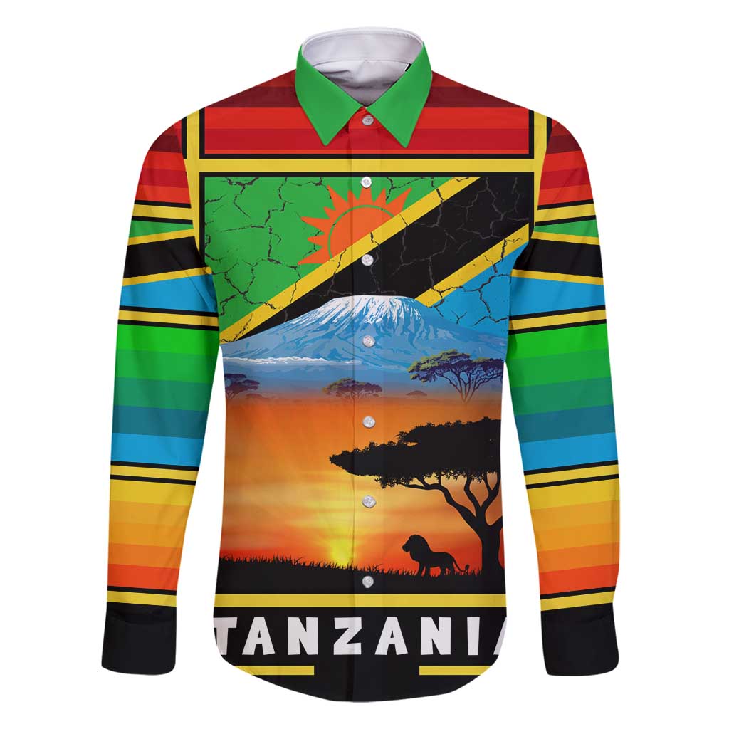African Sunset Design Family Matching Off Shoulder Short Dress and Hawaiian Shirt with Flag Map Mount Kilimanjaro and Wildlife Scene