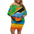 African Sunset Design Family Matching Off Shoulder Short Dress and Hawaiian Shirt with Flag Map Mount Kilimanjaro and Wildlife Scene