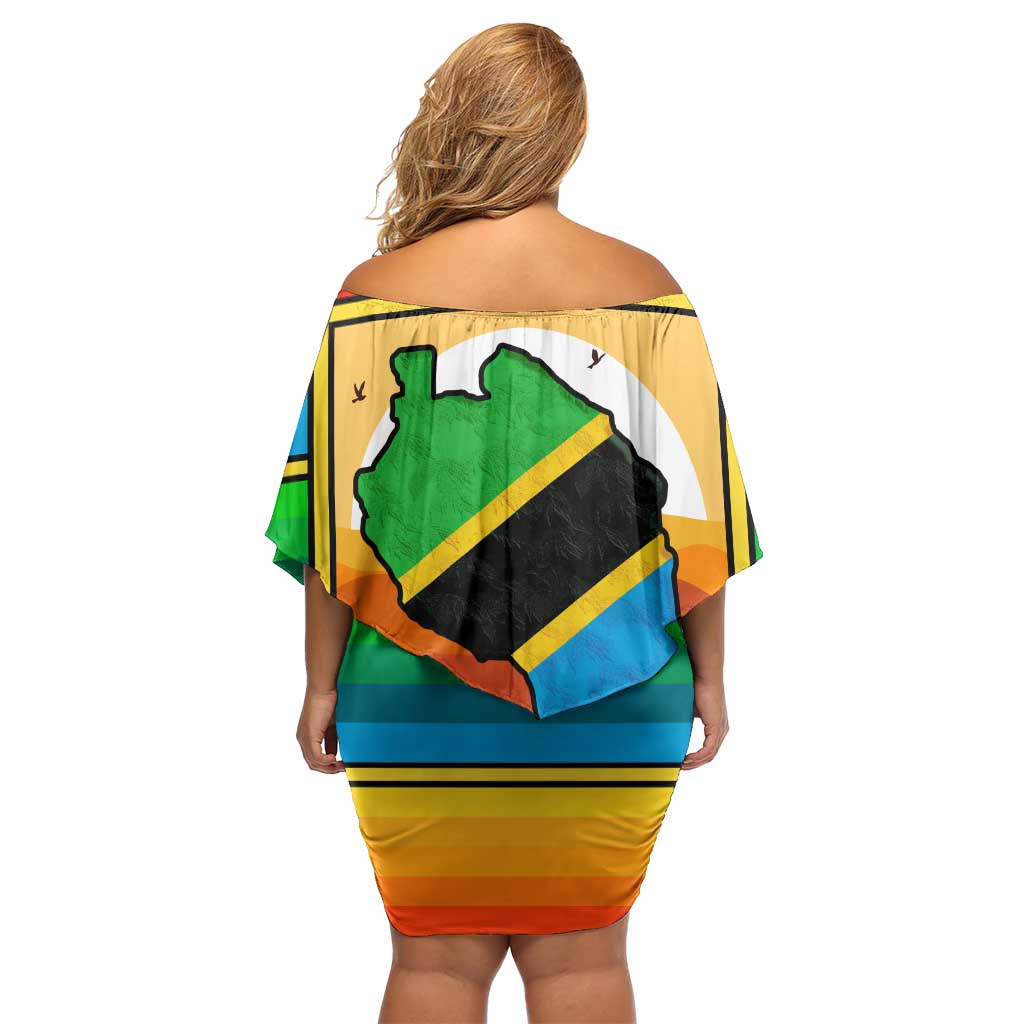 African Sunset Design Family Matching Off Shoulder Short Dress and Hawaiian Shirt with Flag Map Mount Kilimanjaro and Wildlife Scene