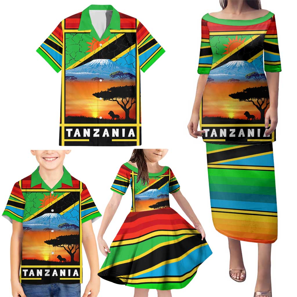 African Sunset Design Family Matching Puletasi and Hawaiian Shirt with Flag Map Mount Kilimanjaro and Wildlife Scene