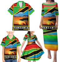African Sunset Design Family Matching Puletasi and Hawaiian Shirt with Flag Map Mount Kilimanjaro and Wildlife Scene