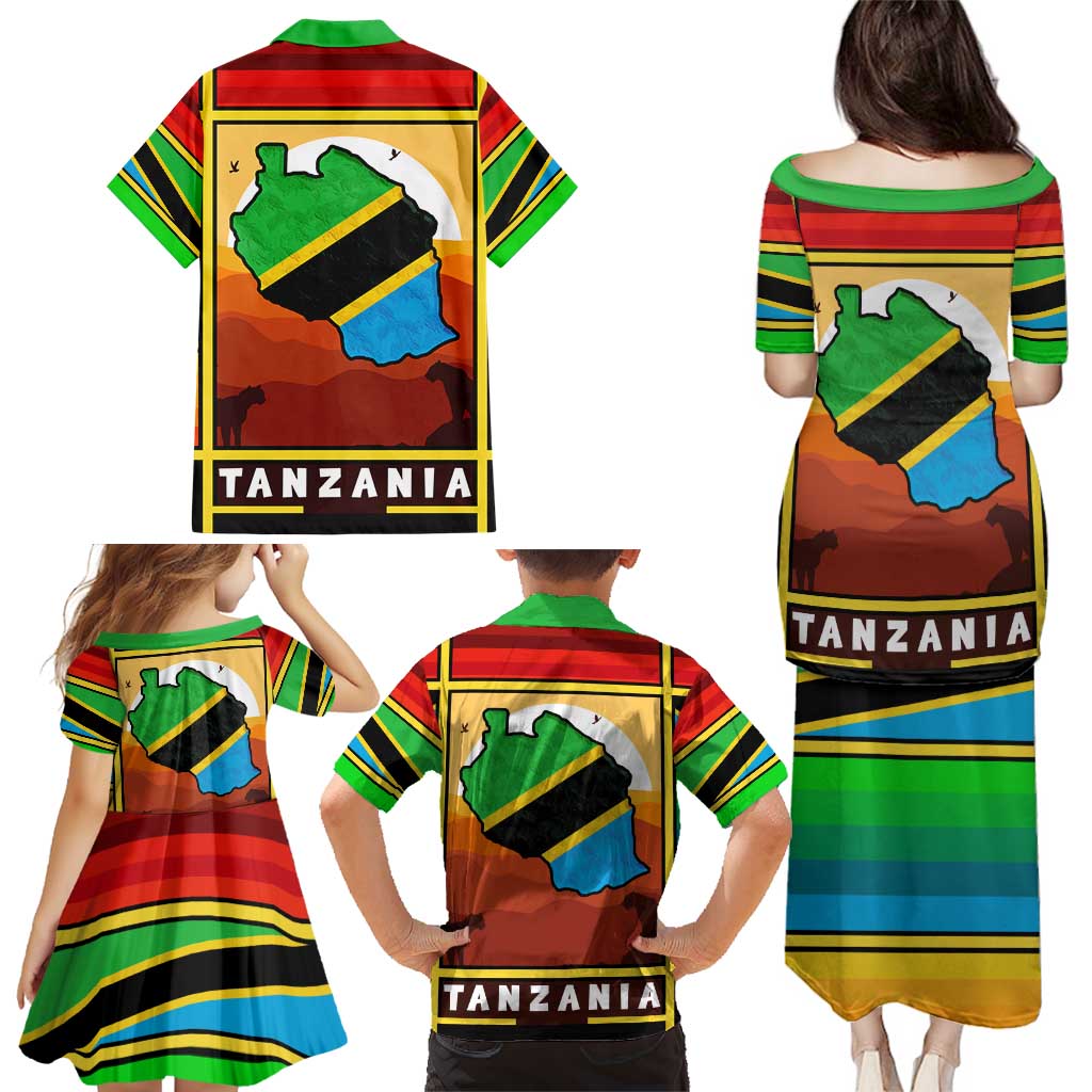 African Sunset Design Family Matching Puletasi and Hawaiian Shirt with Flag Map Mount Kilimanjaro and Wildlife Scene